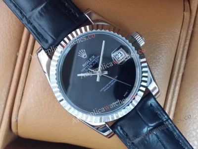 Replica Rolex Datejust Black Leather Strap Fashion Watch